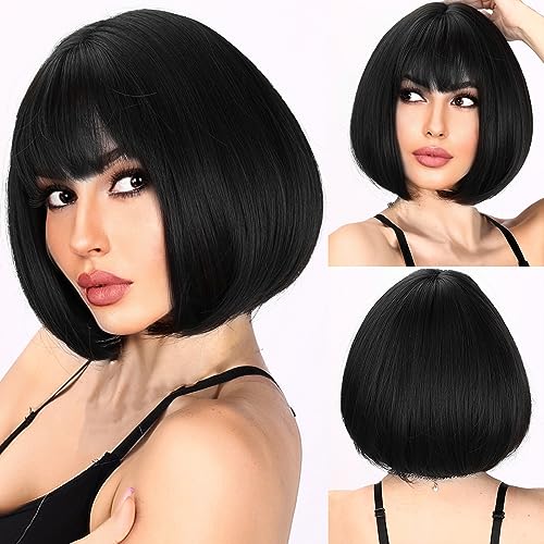12 Inch Short Bob Wigs with Bangs, Straight Bob Wigs for Women, Synthetic Short Bob Wigs Heat Resistant Fiber Wigs for Daily Party Cosplay (Black)